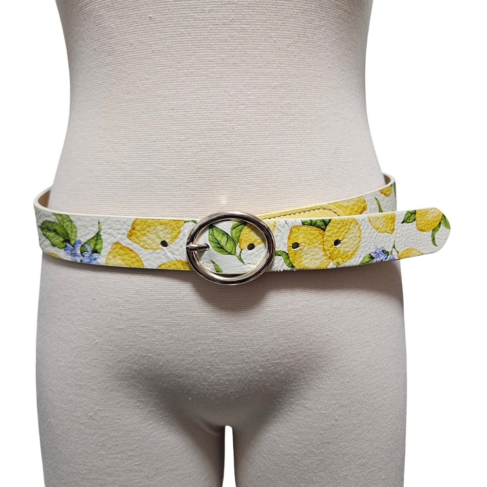 Talbots Womens Belt‎ Small White Lemon Print Leather Silver Tone Buckle